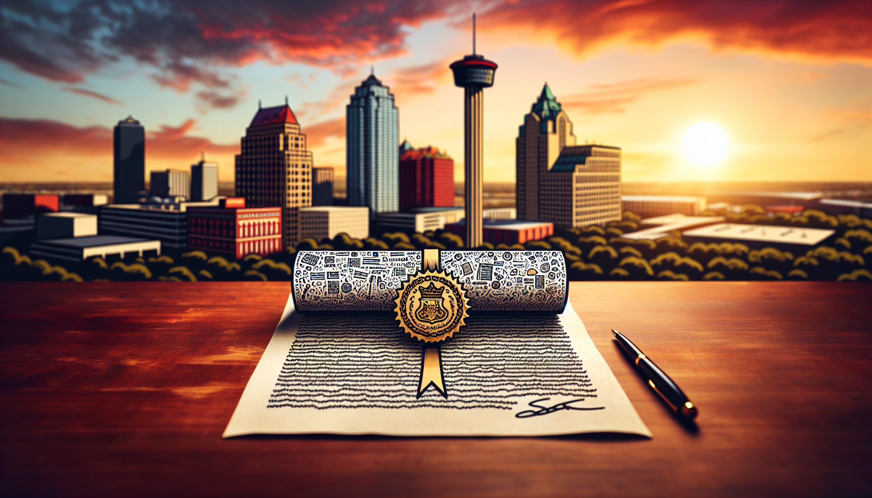 Illustration of a legal document with the San Antonio city skyline in the background